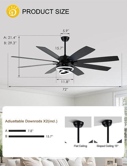 Black 72 Inch Ceiling Fans with Lights and Remote Reversible Quiet DC Motor 6 Speed LED Big Large Modern Chandelier Ceiling Fans for Living Room Bedroom