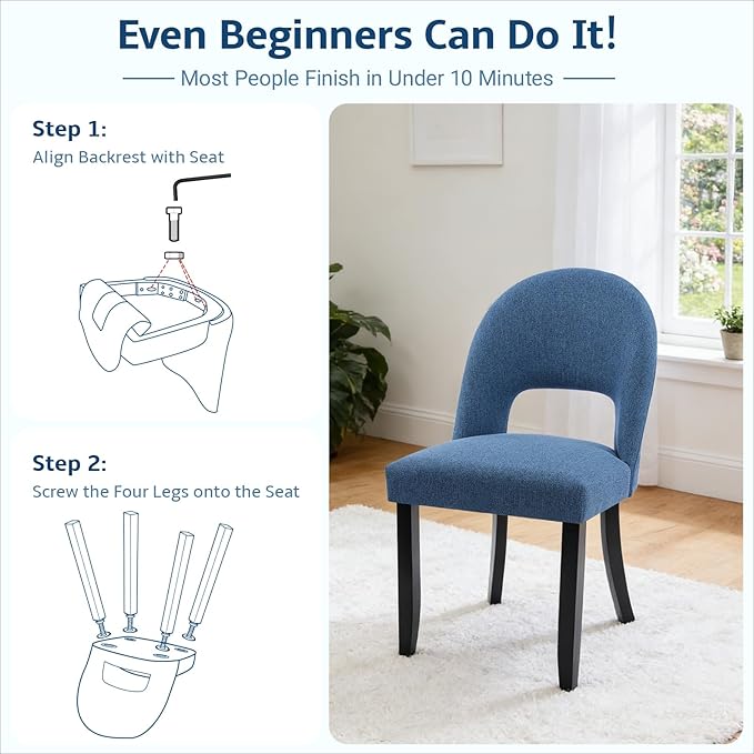 Upholstered Dining Chairs Set of 4, Mid Century Modern Kitchen Chairs with Solid Wood Legs & Linen Fabric Backrest for Dining Room and Farmhouse, Blue