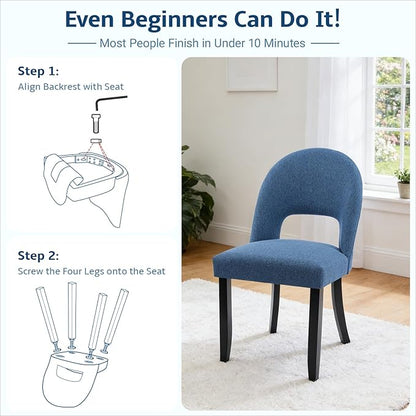 Upholstered Dining Chairs Set of 2, Mid Century Modern Kitchen Chairs with Solid Wood Legs & Linen Fabric Backrest for Dining Room and Farmhouse, Blue