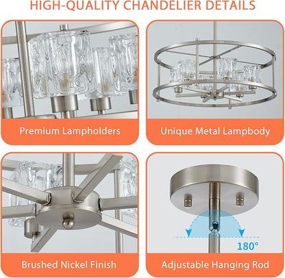 21.7“ Brushed Nickel Chandeliers for Dining Room Over Table Round 6-Light Farmhouse Pendant Lighting Fixtures Drum Ceiling Lights for Living Room Bedroom Home Office