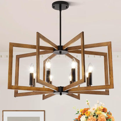 27.6" Farmhouse Chandelier, 8-Light Geometric Dining Room Light Fixture Over Table, Modern Kitchen Island Lighting, Industrial Metal Hanging Pendant Lights for Foyer, Hallway, Entryway(Wood Grain)