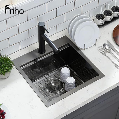 Friho 18x18 Black Stainless Steel Drop In Bar Sink, 9 Inch Deep Single Bowl Workstation Wet Bar Sink with Cutting Board & Strainer