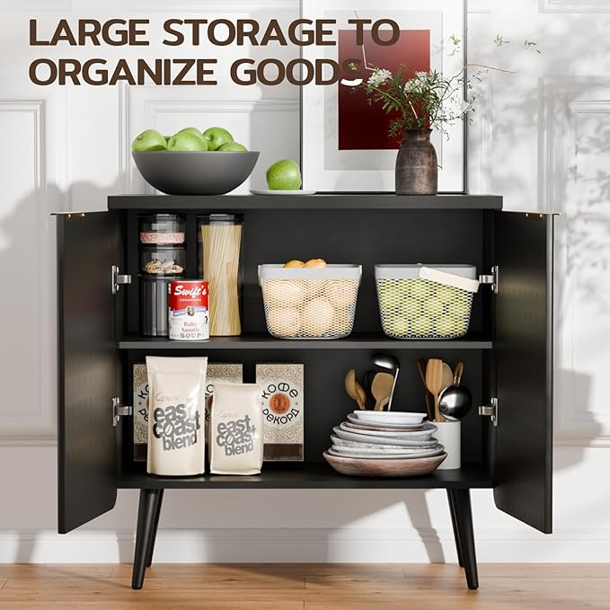 29.5" Modern Fluted Sideboard - Wood Buffet Cabinet with 2 Doors & Adjustable Shelves, Multi-Space Storage Credenza for Living Room, Dining Room & Entryway, Black