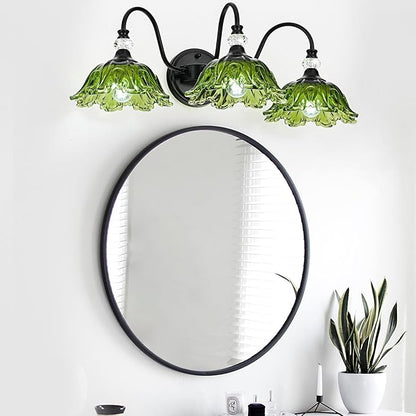 Black Bathroom Vanity Light,3-Light Vanity Light with Floral Green Glass Shades,Vintage Farmhouse Wall Mount Lighting for Bathroom, Dressing Table