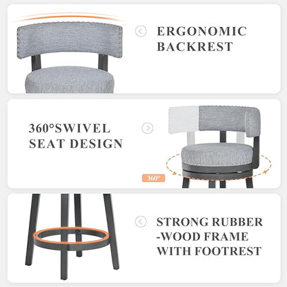 COLAMY Swivel Counter Height Bar Stools Set of 2, 25 Inch Modern Upholstered Kitchen Island Barstools with Back, Wood Swivel Bar Chairs for Counter Bar Dining Room, Grey