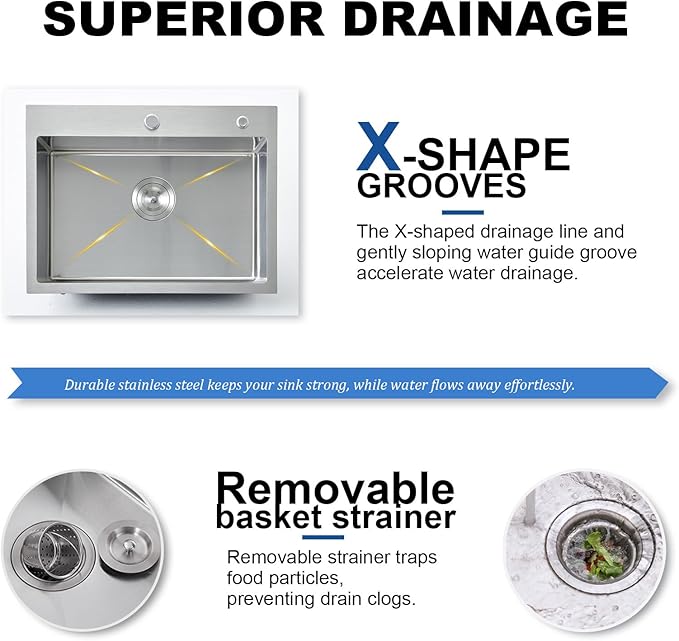 IKEBANA 24 x 18 Inch Brushed Nickel Kitchen Sink Drop in, 16 Gauge Stainless Steel Wet Bar Sink Topmount Single Bowl Small Kitchen Sinks, Outdoor RV Prep Sinks With Dish Grid& Drain