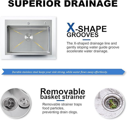 IKEBANA 24 x 18 Inch Brushed Nickel Kitchen Sink Drop in, 16 Gauge Stainless Steel Wet Bar Sink Topmount Single Bowl Small Kitchen Sinks, Outdoor RV Prep Sinks With Dish Grid& Drain