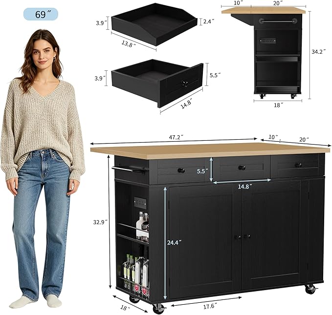 Garvee Rolling Kitchen Island Cart with Power Outlet & Drop Leaf, Kitchen Storage Cabinet On Wheels with 3 Drawers, Spice Rack & Towel Rack, Mobile Island Table for Kitchen