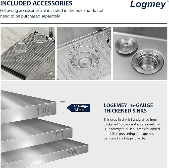Logmey 25 Inch Drop In Kitchen Sink - 25x22 In Handmade Stainless Steel Kitchen Sinks 16 Gauge Topmount Sink Single Bowl Round Corner Sink Bar Sink Prep 25x22x9 Inches