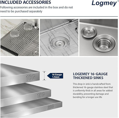 Logmey 25 Inch Drop In Kitchen Sink - 25x22 In Handmade Stainless Steel Kitchen Sinks 16 Gauge Topmount Sink Single Bowl Round Corner Sink Bar Sink Prep 25x22x9 Inches