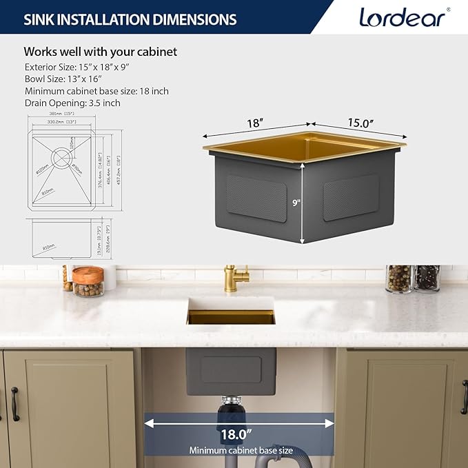 Lordear Gold Undermount Bar Sink 15x18x9 Inch Kitchen Sink Workstation 16 Gauge Stainless Steel Small Single Bowl Bar Prep Rv Island Sink