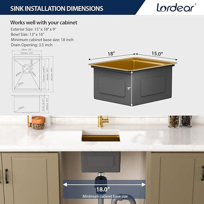 Lordear Gold Undermount Bar Sink 15x18x9 Inch Kitchen Sink Workstation 16 Gauge Stainless Steel Small Single Bowl Bar Prep Rv Island Sink