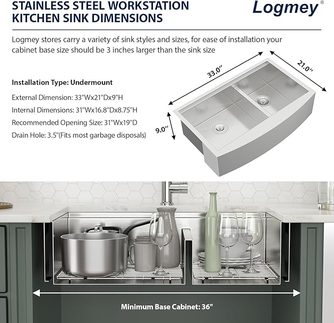Logmey 33x21 Double Bowl Kitchen Sink 60/40 Farmhouse Sink 16 Gauge Stainless Steel Apron Front Farmer Kitchen Sinks Ledge Workstation Low Divide Double Basin Farm Sink 33x21x9