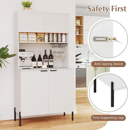 Giantex 64.5" Kitchen Pantry Cabinet with Charging Station, Tall Buffet Hutch with Storage Cabinets, Adjustable Shelf, Wine Racks, Modern Sideboard for Dining Room, Living Room, Coffee Bar, White