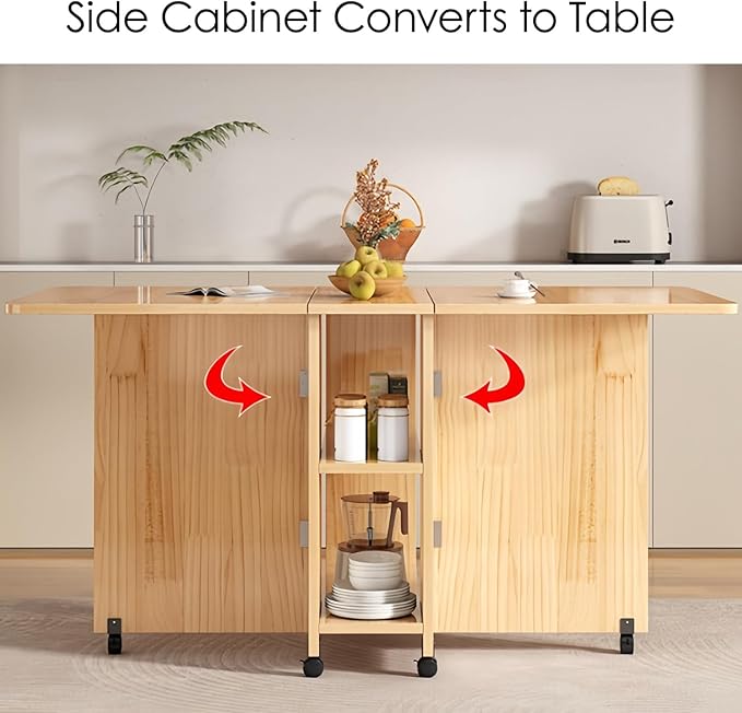 Kavie Solid Wood Folding Dining Table with Wheels, Expandable Mobile Kitchen Island with Storage Shelf, Space Saving Table for Apartment Living Room (Natural,31.5" L*19.6" W*29.5" H)