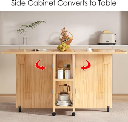 Kavie Solid Wood Folding Dining Table with Wheels, Expandable Mobile Kitchen Island with Storage Shelf, Space Saving Table for Apartment Living Room (Natural,31.5" L*19.6" W*29.5" H)