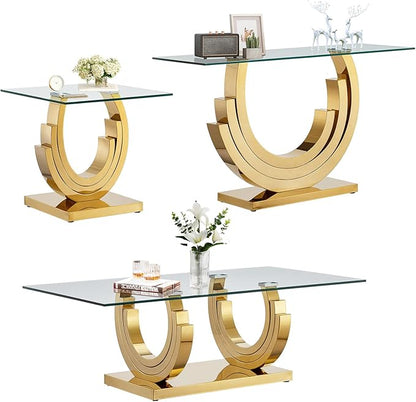 HomVent Glass Coffee Table Set of 3, 1 End Tables and 1 Console Table Living Room Set, 3 Piece Modern Gold Tempered Glass Top Side Tables Bedroom Set of 3 Rectangle Dinner Bedside Sets for Bedroom