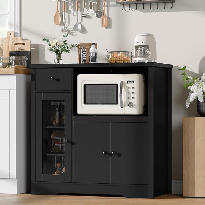 Storage Cabinet with Adjustable Shelves & Microwave Stand, Buffet Sideboard with Drawer, Single and Double Doors for Kitchen, Dining Room, Black