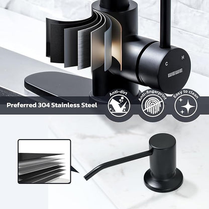 WEWE Black Kitchen Faucet with Soap Dispenser, Kitchen Sink Faucet with Pull Down Sprayer Stainless Steel Single Handle High Arc Pull Out Matte Black Faucet for Bar Laundry RV Utility
