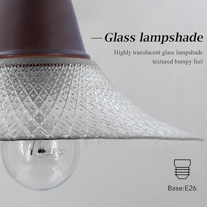 Vintage Farmhouse Glass Pendant Light Fixture 9 Inch Industrial Clear Ceiling Hanging Light with Walnut Wood lamp Holder for Kitchen Island Hallway Bar Dining Room Bedroom Foyer（3 Pack）