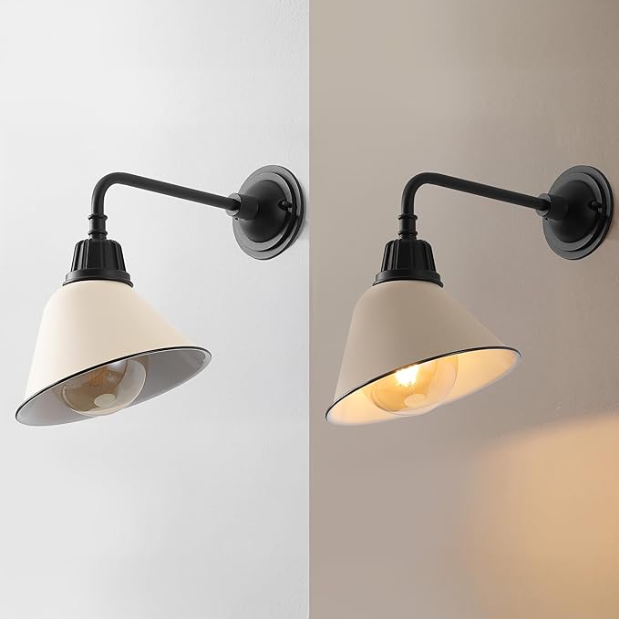 JONATHAN Y 9.63" Matte Almond/Black 1-Light Farmhouse Outdoor Sconce, Industrial LED Wall Light, Gooseneck Arm Barn Lamp with Metal Bell Shade for Porch, Patio, Kitchen, LED Bulb Included (JYL7612J)