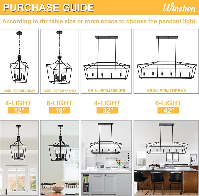 4-Light Farmhouse Lantern Chandelier, Black Pendant Light Fixture Adjustable Height for Kitchen Island Dining Room Foyer, Hanging Ceiling Lighting E12 Bulb Base