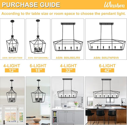 4-Light Farmhouse Lantern Chandelier, Black Pendant Light Fixture Adjustable Height for Kitchen Island Dining Room Foyer, Hanging Ceiling Lighting E12 Bulb Base