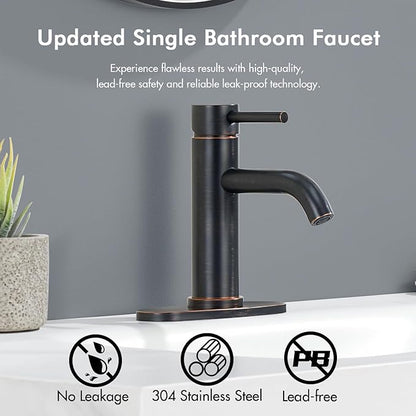 Oil Rubbed Bronze Bathroom Faucet, WINKEAR Single Hole Faucet with Pop-up Drain and Flexible Hoses, Single Handle Faucet for Bathroom Sink, Vanity, RV, Modern Farmhouse, Suitable for 1 Hole or 3 Hole