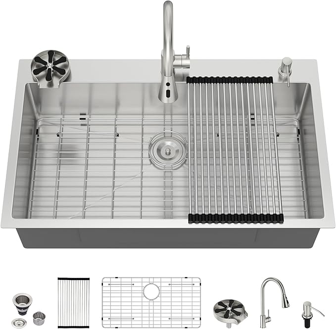 36 Drop In Kitchen Sink - Beslend 36x22 Kitchen Sink Drop In with Pull-Out Faucet, Stainless Steel Sinks and Soap Dispenser Topmount 16 Gauge Single Bowl Above Counter Dish Basin 9" Deep