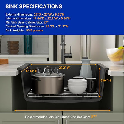 Dcolora 25" Quartz Sink Drop In Wet Bar Sink Black Prep Kitchen Sink Topmount Deep Single Bowl, 25"x22", Round Corner, DC-GU7753