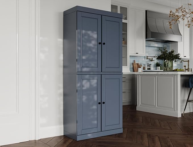 Palace Imports Solid Wood Kitchen Pantry Cabinet - 71.5" Tall x 32" Wide - Wooden Storage Cabinet with 4 Doors & Adjustable Shelves, Antique Blue, 100% Renewable Eco-Friendly Wood, Made in Brazil