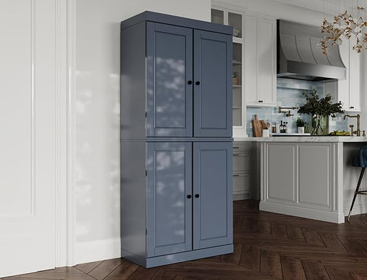 Palace Imports Solid Wood Kitchen Pantry Cabinet - 71.5" Tall x 32" Wide - Wooden Storage Cabinet with 4 Doors & Adjustable Shelves, Antique Blue, 100% Renewable Eco-Friendly Wood, Made in Brazil