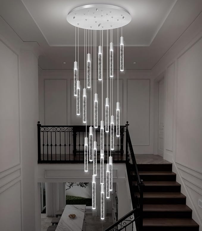 HAIXIANG W24 x H157 Glam Chandelier Bubble Crystal Ceiling Chandeliers Remote Dimmable LED Light High Ceiling Pendants Light Fixtures Adjustable Long Lights 24-Lights Silver Lamp
