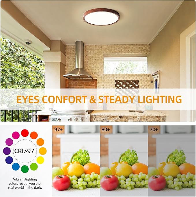 HEYAN Walnut Wood Flush Mount Ceiling Light Fixture,16 Inch Dimmable LED Ceiling Light with 3000K-4000K-6000K Selectable Flat Low Profile Round Ceiling Lights for Bedroom Hallway Laundry (2 Pack)
