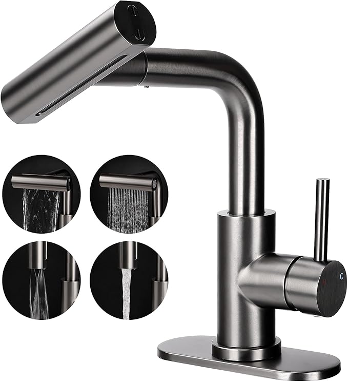 Bathroom Faucet, Single Handle Pull Out, 1 or 3 Holes, Stainless Steel, Brushed Matte Black, 24 Inch Hose, 4 Mode Sprayer, Deck Mount, Bathroom Sink Vanity