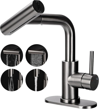 Bathroom Faucet, Single Handle Pull Out, 1 or 3 Holes, Stainless Steel, Brushed Matte Black, 24 Inch Hose, 4 Mode Sprayer, Deck Mount, Bathroom Sink Vanity
