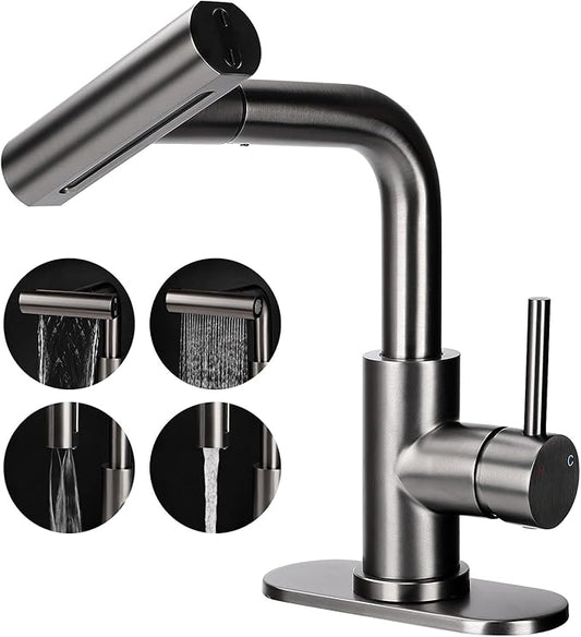 Bathroom Faucet, Single Handle Pull Out, 1 or 3 Holes, Stainless Steel, Brushed Matte Black, 24 Inch Hose, 4 Mode Sprayer, Deck Mount, Bathroom Sink Vanity