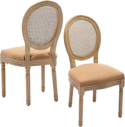 Linen Wooden Dining Chair Set of 2, Upholstered Farmhouse Dining Chair with Solid Wood Frame, Kitchen & Dining Room Chairs for Living Room, Restaurant, Bedroom (Tan-Rattan, Set of 2)