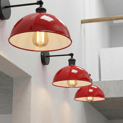 Dome Metal Wall Sconce, 180° Adjustable Industrial Wall Lamp for Bedside, Study, Kitchen, and Living Room Décor. (Red_)