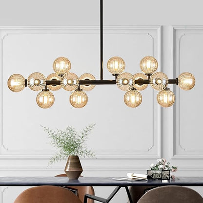 16-Light Globe Sputnik Chandelier, Linear Dining Room Light Fixture Over Table, Mid Century Modern Black Chandeliers for Dining Living Room, Kitchen Island Lighting (Amber Bubble, 40 Inch)