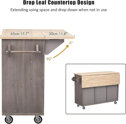 51.2"W Geometric Twill Stripe Textured Design Island with Drop Leaf, Farmhouse Kitchen Cart on Wheels with Internal Storage Rack, Rolling Kitchen Cart with Towel Rack (Brown@044)