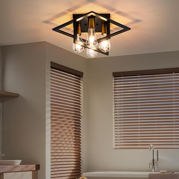 Semi Flush Mount Ceiling Light Fixture, 4 Light Industrial Ceiling Light,Black Frame & Gold Accent, Close to Ceiling Farmhouse Lighting for Kitchen, Bathroom, Bedroom, Hallway (E26,2-Pack)