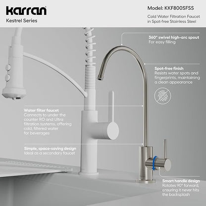 Karran Kestrel Spot-Free Stainless Steel Beverage Faucet 100% Lead-Free Brass, RO/Filtration System Ready, 360° High-Arc Spout, Fingerprint Resistant Finish, Compact Design