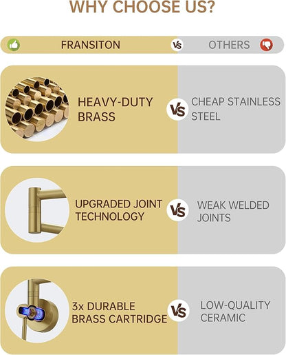 Fransiton Brushed Gold Pot Filler, Pot Filler Faucet Wall Mount, Brass Folding Stretchable with Double Joint Swing Arm Single Hole Two Handles Kitchen Restaurant