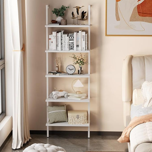 aboxoo Ladder Shelf White Wooden Bookshelf 5-Tier Wall-Mounted Open Wood Rack Industrial Modern Plant Flower Stand Utility Organizer Bookcase Metal Frame Furniture Office Kitchen Bedroom