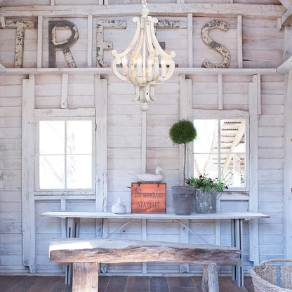 ALISADABOY Farmhouse Rustic Wood Light Fixture Distressed White Dining Room Pendant Chandelier French Country 4 Light Candle Hanging Lamp for Kitchen Island Living Room Bedroom Entryway Foyer