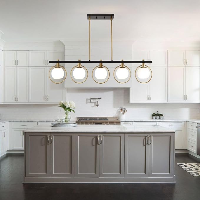 WJShome Black and Gold Farmhouse Chandelier, Dining Room Light Fixture Over Table, 5-Light Kitchen Island Lighting, Adjustable Height Linear Chandeliers, with Milk Glass Shades