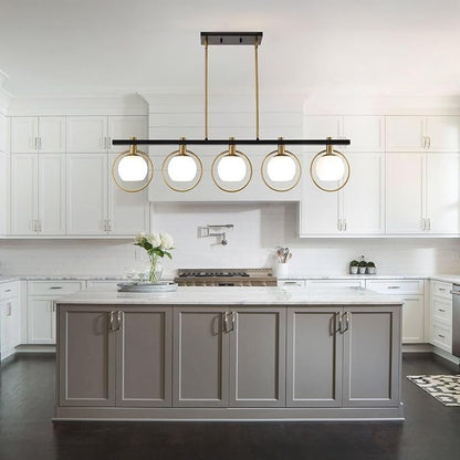 WJShome Black and Gold Farmhouse Chandelier, Dining Room Light Fixture Over Table, 5-Light Kitchen Island Lighting, Adjustable Height Linear Chandeliers, with Milk Glass Shades