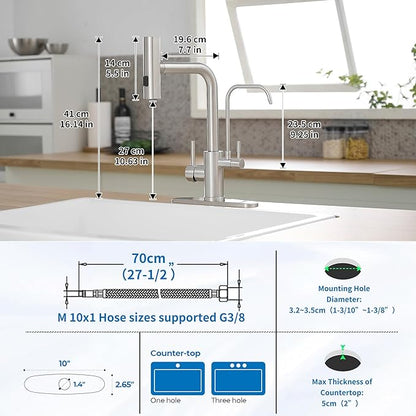 Kitchen Faucets with Water Filter and Pull Down Sprayer,Waterfall Kitchen Sink Faucet,Two Handle Sink Faucet with Pull Down Sprayer for 3 Function,Without Water Filtration Device,Brushed