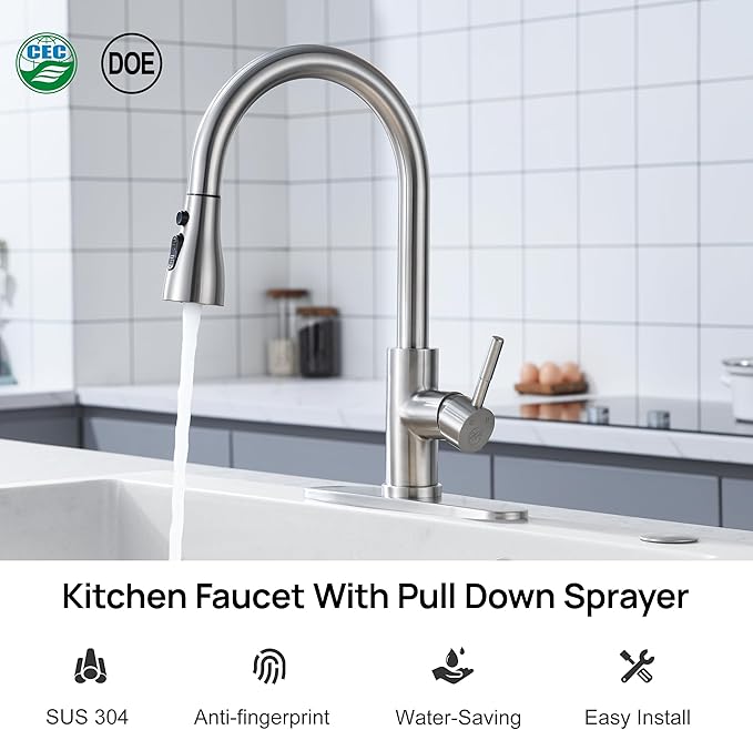 GAGALIFE Kitchen Faucets with Pull Down Sprayer - High Pressure Blade Spray Kitchen Sink Faucet, Brushed Nickel High Arc Single Handle Stainless Steel Classic Pull Out Spray Kitchen Faucet 1 or 3 Hole